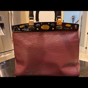 TORY BURCH GIGANTIC ATTERSEE LEATHER HANDBAG PURSE LARGE PLASTIC  EMBELLISHMENTS